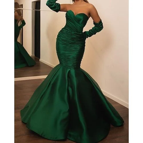 Ethereal Formal Gown Mermaid / Trumpet Evening Dresses Elegant Dress Engagement Formal Evening Floor Length Sweetheart Neckline Long Sleeve Satin with Ruched 2022,DS5105