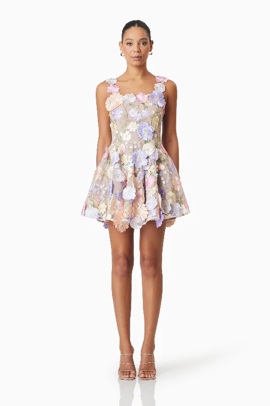 Luxury Satin Gown Moana Floral Embellished Mini Dress in Purple