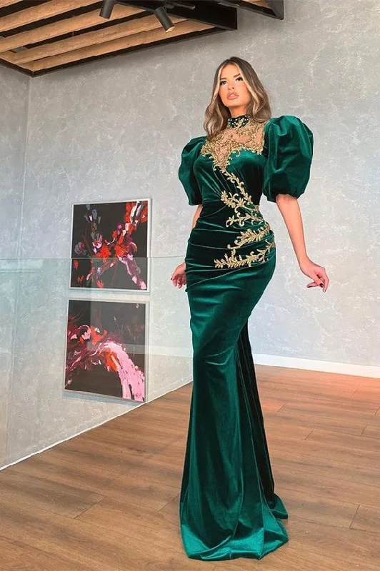 Unique Cocktail Dress Modern Dark Green Bubble Sleeves Mermaid Prom Dress With Appliques,DS5114 Unique Cocktail Dress Modern Dark Green Bubble Sleeves Mermaid Prom Dress With Appliques,DS5114