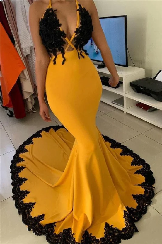 Royal Inspired Gown New Arrival Yellow With Black Appliques Prom Dresses South African Girls Junior Graduation Party Gowns Mermaid Deep V Neck Evening Gown ,DS5109 Royal Inspired Gown New Arrival Yellow With Black Appliques Prom Dresses South African Girls Junior Graduation Party Gowns Mermaid Deep V Neck Evening Gown ,DS5109