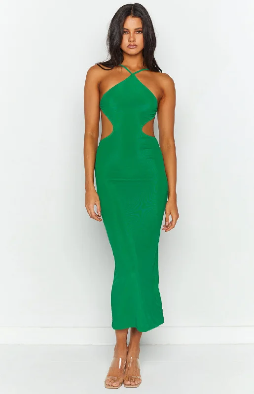 Luxe Embroidered Gown Nyla Green Cut Out Halter Midi Dress