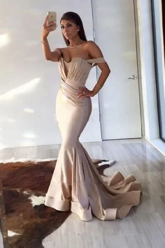 Lush Satin Gown Off The Shoulder Mermaid With Ruffles Evening,DS4136