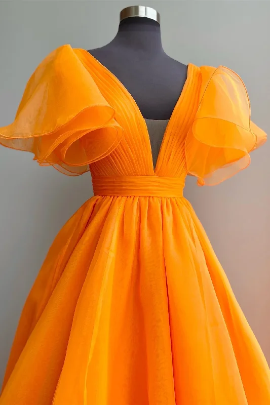 Applique Gown Orange A-line Long Formal Dress with Flutter Sleeves,DS9591