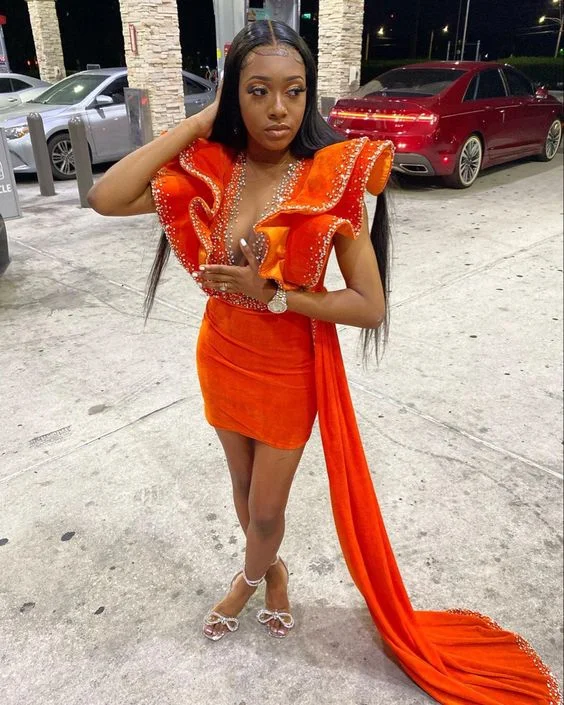 Structured Evening Gown Orange Velvet Short Prom Dress Beaded Ruffle Sleeve Real Picture African Dark Skin Girl Party Dress,DS5006 Structured Evening Gown Orange Velvet Short Prom Dress Beaded Ruffle Sleeve Real Picture African Dark Skin Girl Party Dress,DS5006