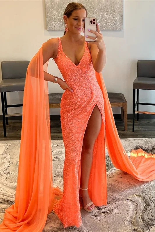 Draped Formal Dress Orange Watteau Train Sequins Long Prom Dress,WD5769