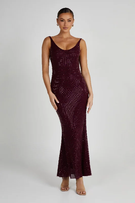 Asymmetrical Gown Pam Square Diamante Maxi Dress - Berry