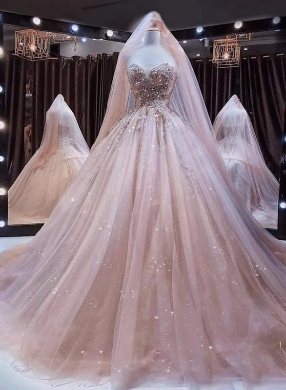 Dainty Chiffon Dress Pink sweetheart neck tulle long prom gown,DS3220