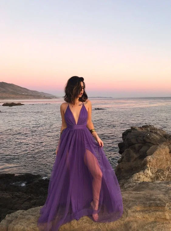 Vintage Lace Dress Purple Long Prom Dresses for Women Party Sexy Split Evening Dress,DP761
