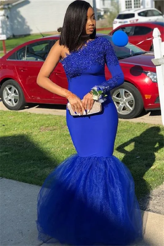 Delicate Lace Dress Royal Blue One Shoulder Mermaid Prom Dress With Lace Appliques,DS5016 Delicate Lace Dress Royal Blue One Shoulder Mermaid Prom Dress With Lace Appliques,DS5016