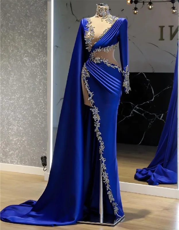 Floor-Length Satin Dress royal blue prom dresses, high neck prom dresses, Women Evening Dress Long Sleeve Blue Lace Appliques High Slit Arabic Style Prom Dress,DS5014 Floor-Length Satin Dress royal blue prom dresses, high neck prom dresses, Women Evening Dress Long Sleeve Blue Lace Appliques High Slit Arabic Style Prom Dress,DS5014