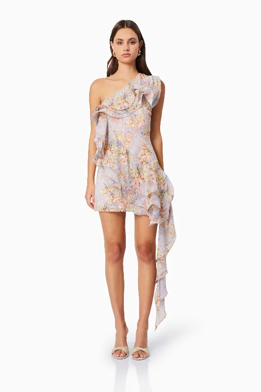 Royal Blue Dress Sahara One Shoulder Floral Mini Dress in Purple