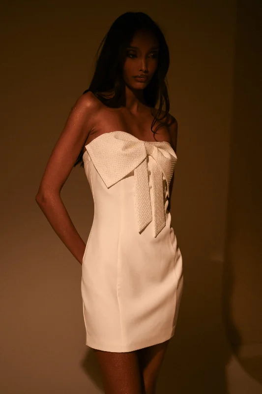 Charcoal Gray Gown Saoirse Strapless Mini Dress With Diamante Bow - White