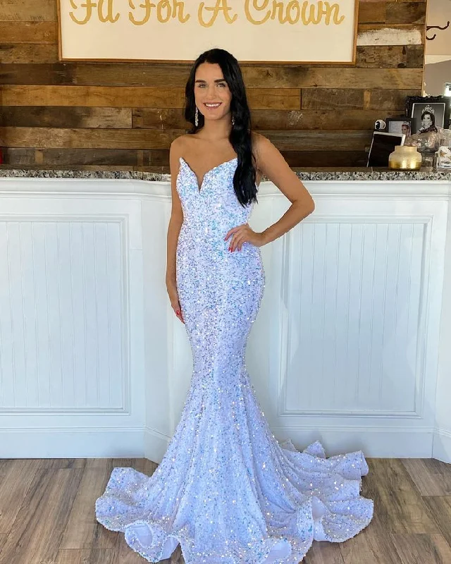 Majestic Ball Gown Sparkly Mermaid V Neck White Sequins Long Prom Dresses,DS5112