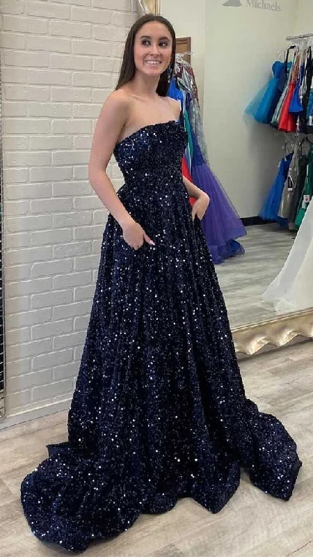 Show-Stopping Evening Gown Strapless Sequins A-Line Lace Up Long Prom Dresses,DP777