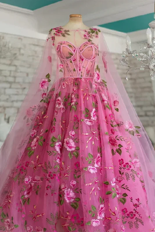 Full Skirt Dress Stunning A Line Long Sleeves Floral Tulle Long Prom Dresses Formal Evening Dress,DS9585 Full Skirt Dress Stunning A Line Long Sleeves Floral Tulle Long Prom Dresses Formal Evening Dress,DS9585