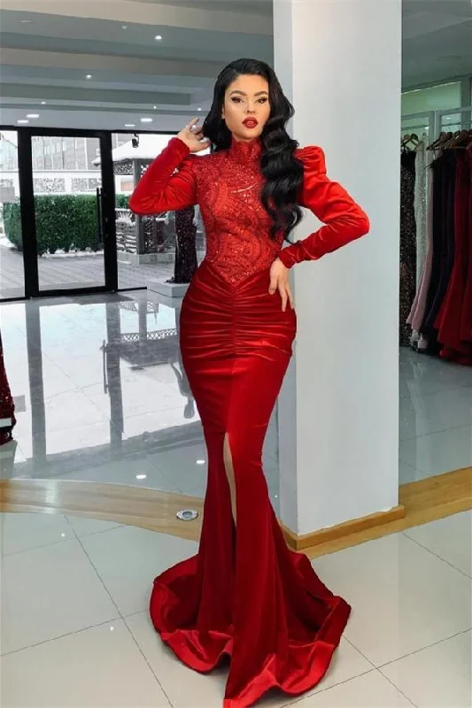 Draped Satin Gown Stunning Red Velvet High Neck Mermaid Prom Dress Long Sleeves,F04824 Draped Satin Gown Stunning Red Velvet High Neck Mermaid Prom Dress Long Sleeves,F04824
