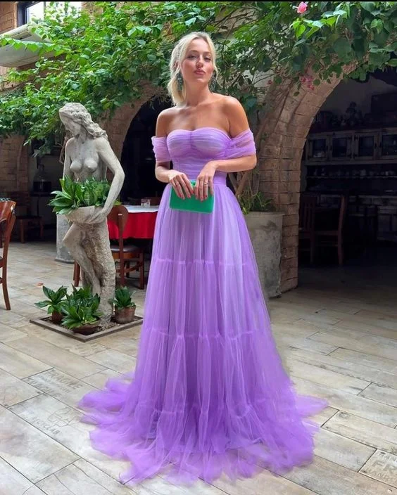 Subtle Shine Dress Elegant Purple Tulle A-Line Off Shoulder Long Prom Dress,DP757