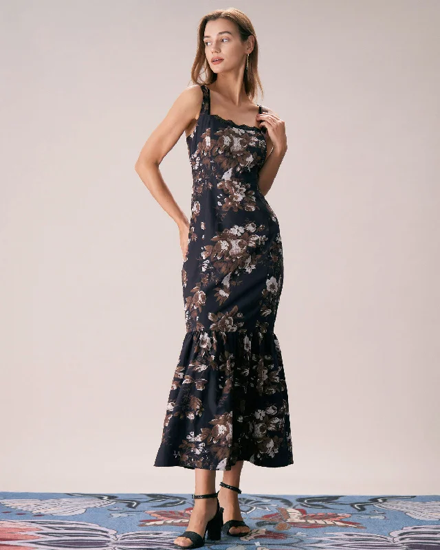 Silk Ball Gown The Black Lace Trim Floral Mermaid Maxi Dress