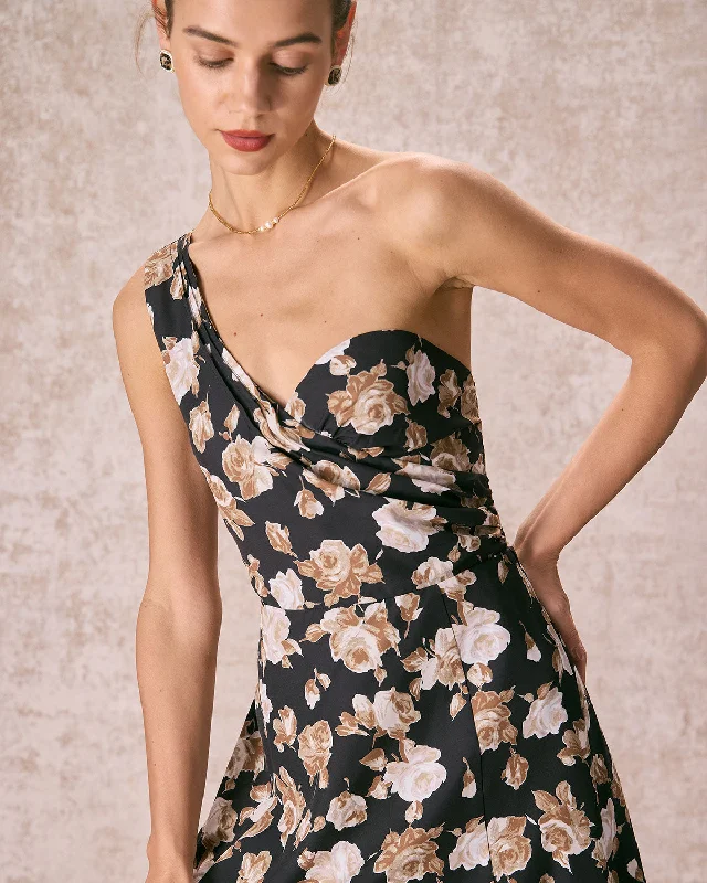 Elegant Cocktail Gown The Black One Shoulder Floral Maxi Dress