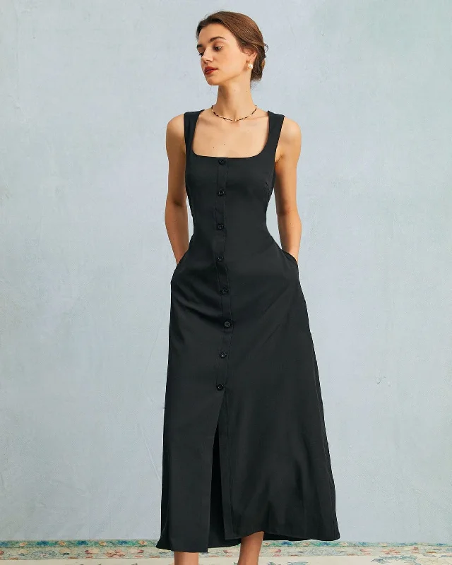 Stylish Taffeta Dress The Black U Neck Tie Back Sleeveless Maxi Dress