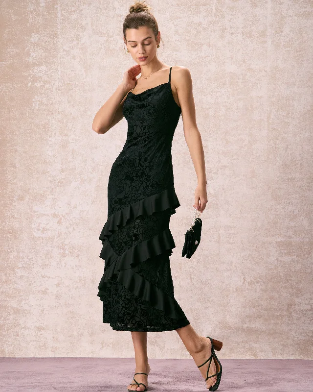 Majestic Ball Gown The Black V-Neck Ruffle Tiered Maxi Dress