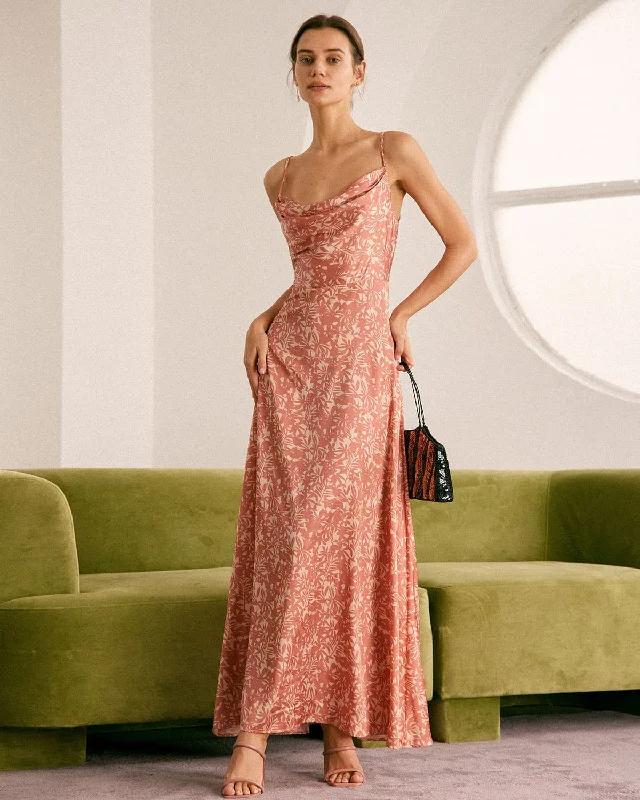 Sheer Panel Dress The Light Orange Cowl Neck Floral Maxi Dress