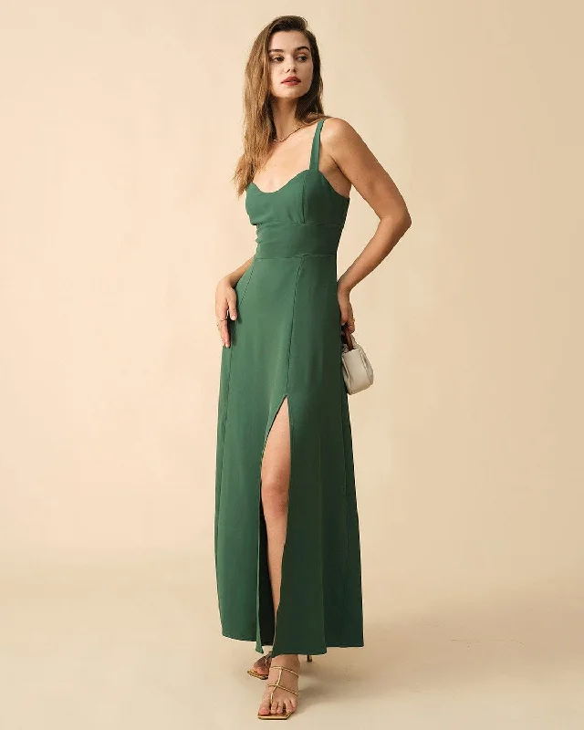 Ruched Satin Dress The Solid Color Side Slit Maxi Dress