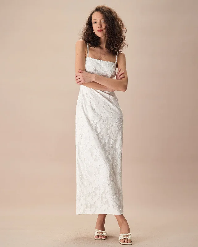 Polka Dot Gown The White Square Neck Jacquard Slip Maxi Dress
