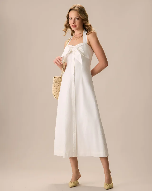 Show-Stopping Evening Gown The White Sweetheart Neck Ruched Button Maxi Dress