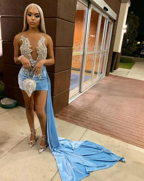Vivid Color Gown tight blue mini homecoming dress party dress ,DH0005