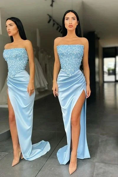 Formal Red Dress Trendy Sky blue Strapless Sequin Top High split Prom Dress,DS4226 Formal Red Dress Trendy Sky blue Strapless Sequin Top High split Prom Dress,DS4226