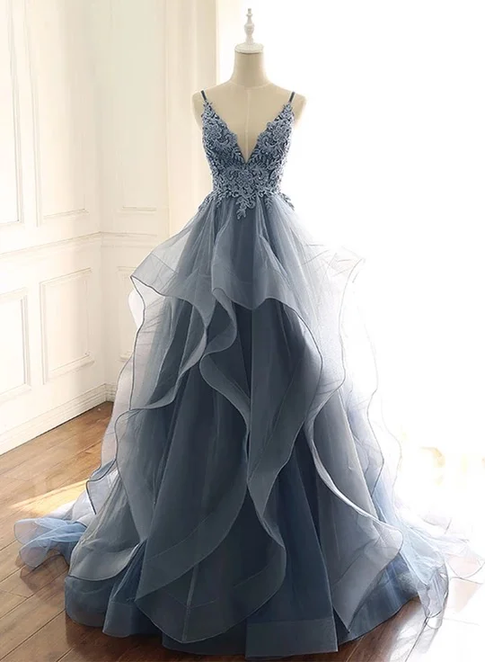 Delicate Lace Dress tulle long prom dress with spaghetti straps and ruffled floor length skirt ,DS4570 Delicate Lace Dress tulle long prom dress with spaghetti straps and ruffled floor length skirt ,DS4570