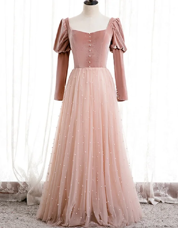 Ethereal Formal Gown Tulle Velvet Long Sleeve Square Pearls Prom Dress,DP24593