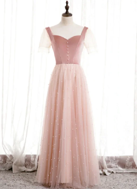 Dazzling Evening Dress Tulle Velvet Short Sleeve Square Pearls Prom Dress,DP24592