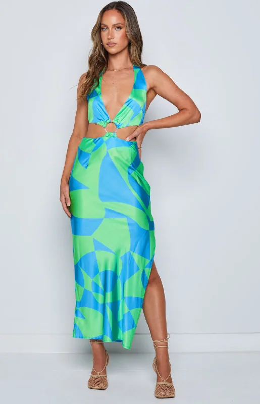 Elegant Cocktail Gown Underwater Green Print Midi Dress