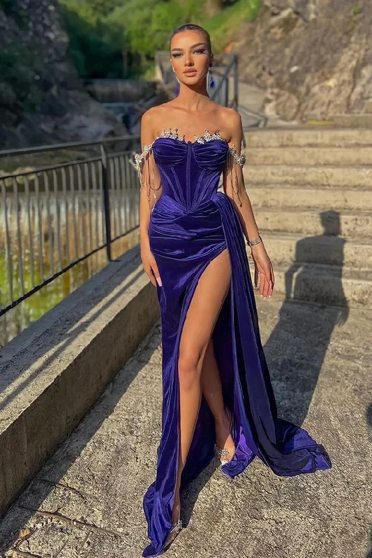 Statement Chiffon Dress Velvet Beads Off-the-Shoulder Split Mermaid Prom Dress With Ruffles,ED5798 Statement Chiffon Dress Velvet Beads Off-the-Shoulder Split Mermaid Prom Dress With Ruffles,ED5798