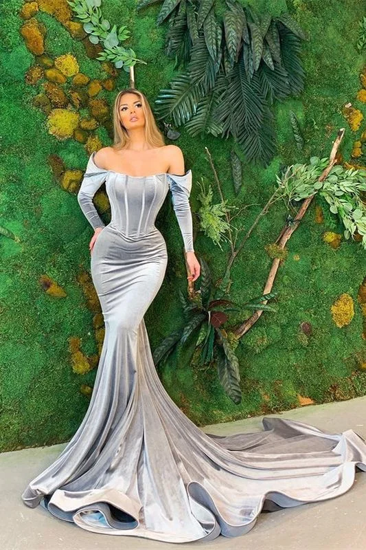 Timeless Gown Velvet Long Sleeves Mermaid Prom Dress,WD5768