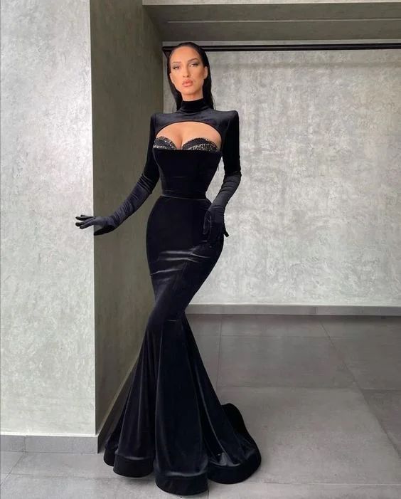 Halter Gown Velvet long sleeves prom dress evening gown,EQ9653