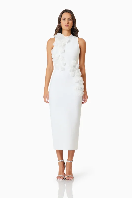 Fashionable Formal Dress OMR x ELLIATT: Whitetail 3D Floral Midi Dress In White