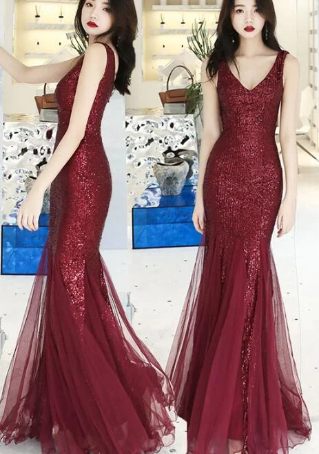 Tulle Skirt Dress Wine Red Sequins With Tulle Mermaid Party Gown, Burgundy Prom Dress .DS3043