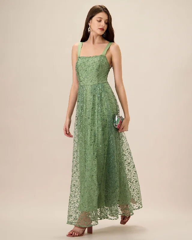 Chic Maxi Dress Women's Green Embroidery Mesh Slip Maxi Dress