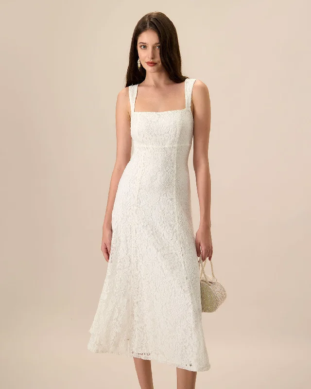 Regal Ball Gown Women's White Lace Slip Midi Dress