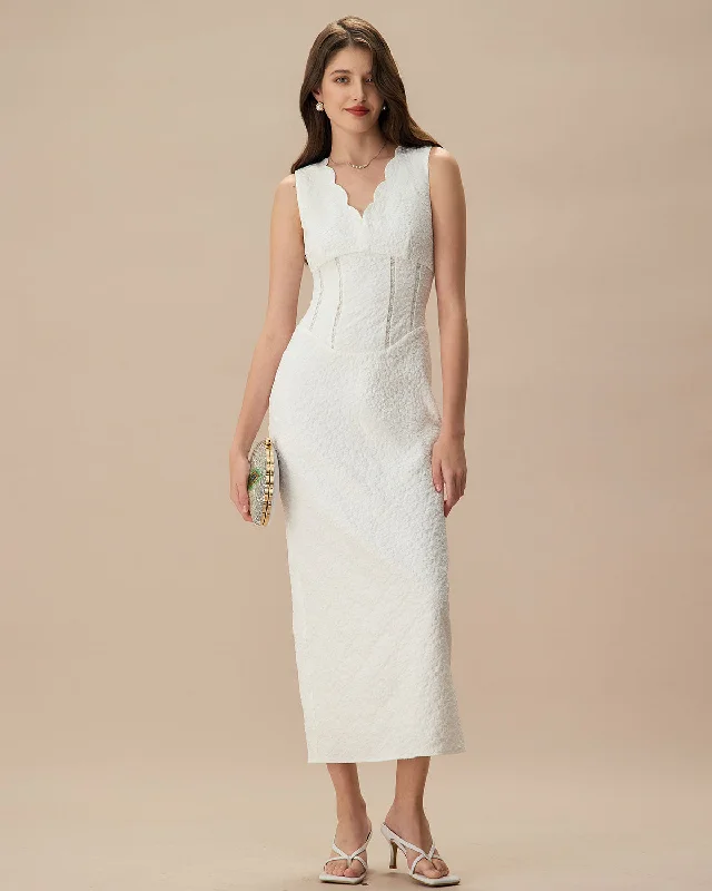 Delicate Lace Dress Women's White V-Neck Jacquard Maxi Dress