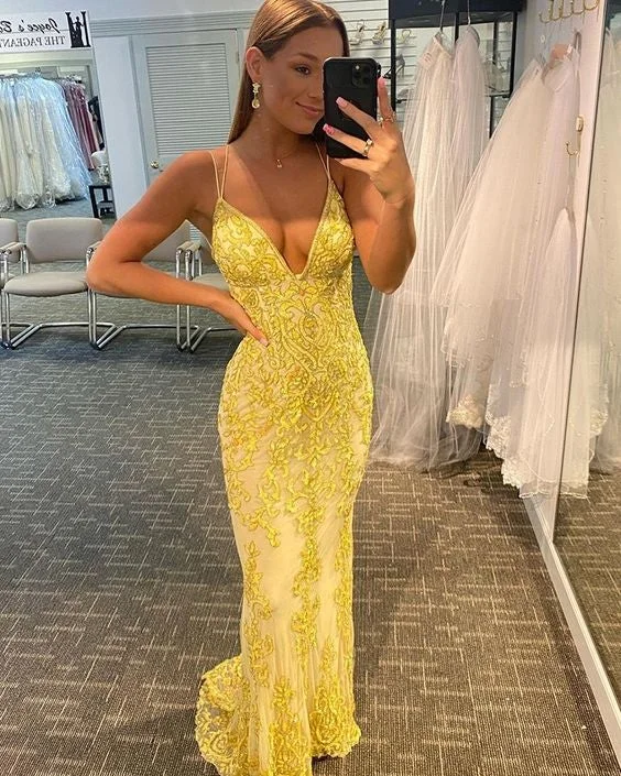 Floral Embroidery Dress Yellow Spaghetti Straps Lace Mermaid Prom Dress,DS4151