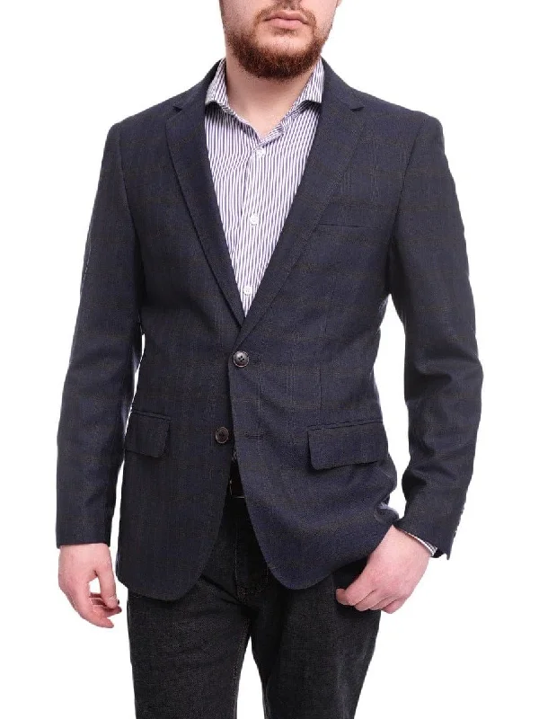 Modern Sophistication Arthur Black Extra Slim Fit Navy Blue With Brown Plaid Wool Blazer Sportcoat Modern Sophistication Arthur Black Extra Slim Fit Navy Blue With Brown Plaid Wool Blazer Sportcoat
