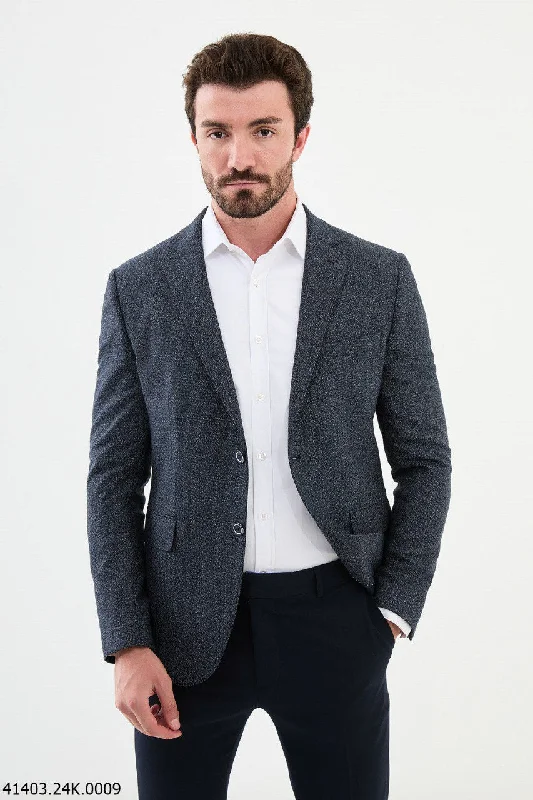 Distressed Denim Bojoni Belmonte Slim Fit Mono Collar Navy Blue Blazer