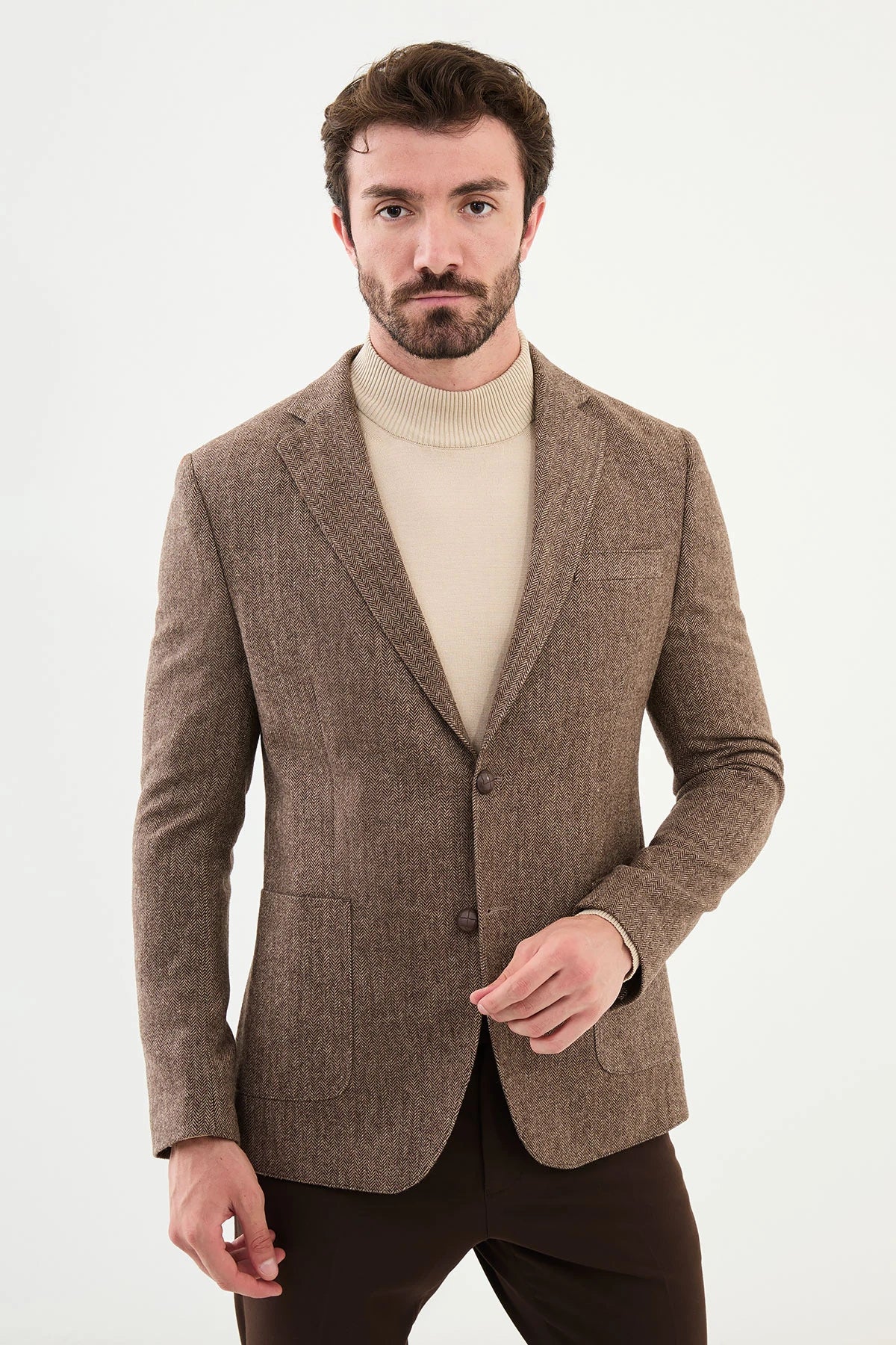 Vintage Boho Bojoni Capena Patterned Slim Fit Mono Collar Classic Brown Wool Blazer