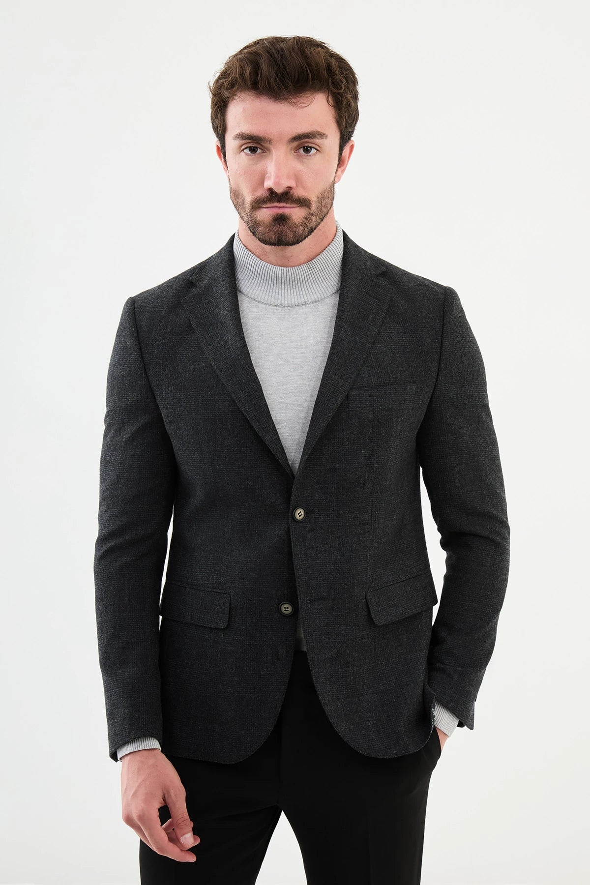 Vintage Chic Bojoni Capena Plaid Slim Fit Mono Collar Classic Wool Black Blazer