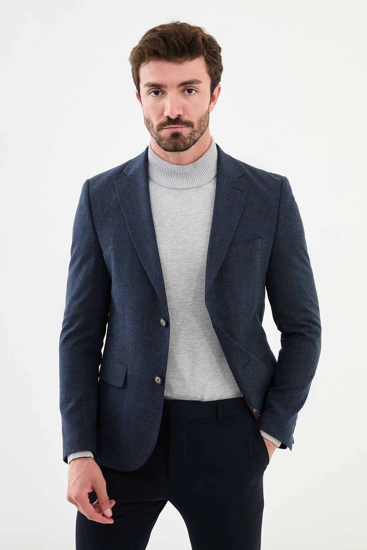 Cyberpunk Outfit Bojoni Capena Plaid Slim Fit Mono Collar Classic Wool Navy Blue Blazer