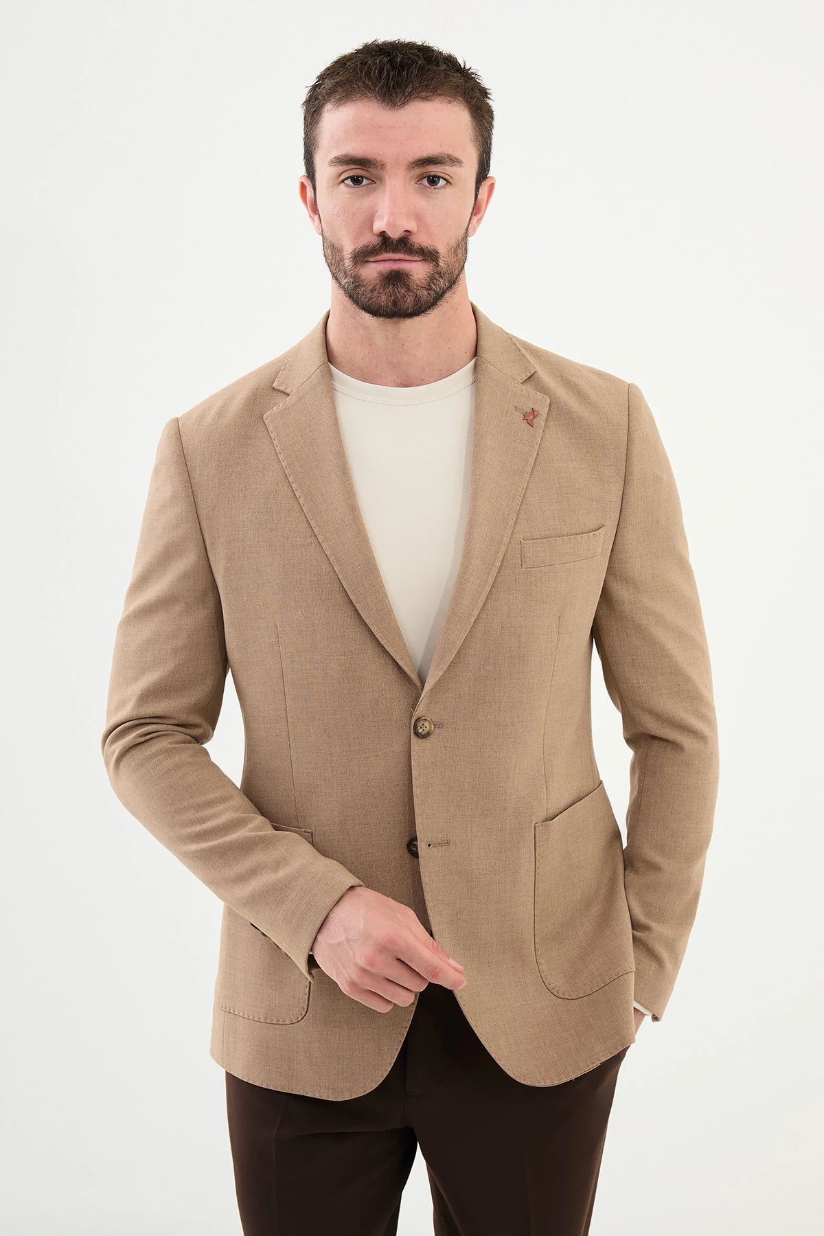 Softcore Fashion Bojoni Capena Straight Slim Fit Mono Collar Beige Wool Blazer